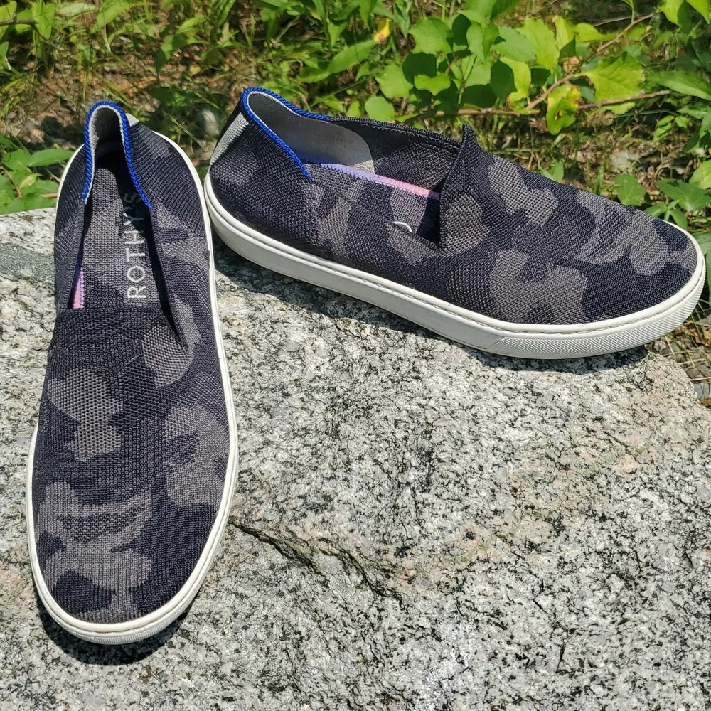 Rothy's Black and Blue Sneakers with Modern Camo Design Size 7